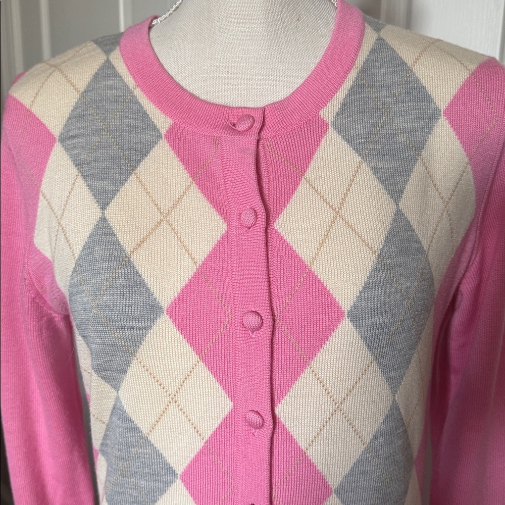 LILLY PULITIZER Argyle Pink Gray Ivory Button Sweater Merino Wool Medium - Picture 2 of 10
